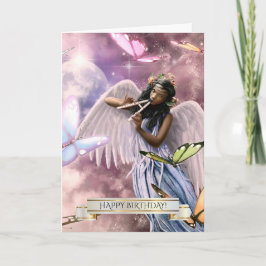 Cartão Feliz aniversário. Anjo com Borboletas