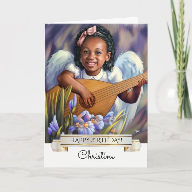 Cartão Feliz aniversário. Anjo Pequeno com Lute (Frente)
