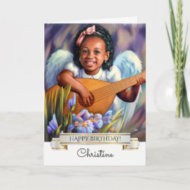 Cartão Feliz aniversário. Anjo Pequeno com Lute