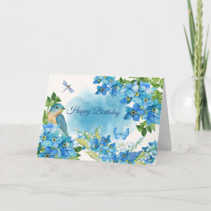 Cartão Feliz aniversário Aquarela Azul Flores e Pássaro