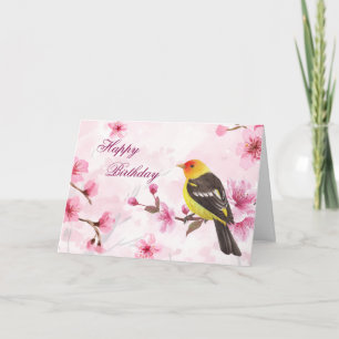 Cartão Feliz Aniversário Aquarela Flor e Pássaro