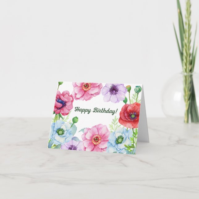 Cartão Feliz Aniversário Aquarela Flores De Papoila (Frente)