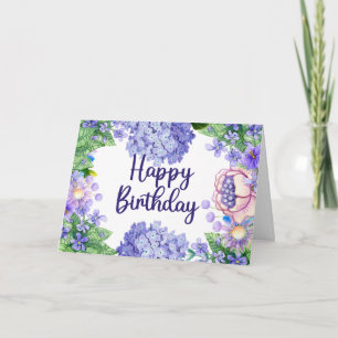 Cartão Feliz Aniversário Aquarela Flores Roxas