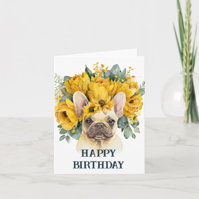 Cartão Feliz aniversário aquarela frenchie flores amarela (Frente)