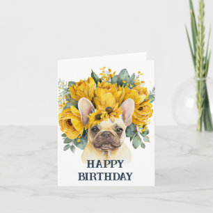 Cartão Feliz aniversário aquarela frenchie flores amarela