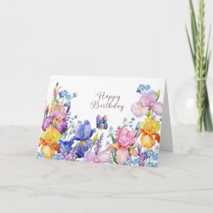 Cartão Feliz Aniversário Aquarela Iris Flores e Jardim