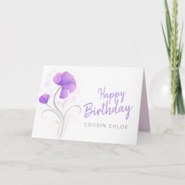 Cartão Feliz Aniversário, aquarela púrpura, flor de papoi