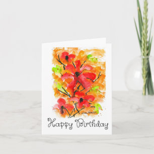 Cartão Feliz Aniversário, Aquarela Vermelha Flor