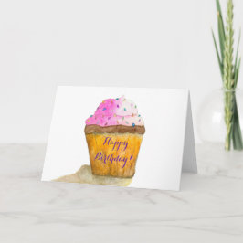 Cartão Feliz Aniversário Aquarelas Cor Rosa Cupcake, Pint