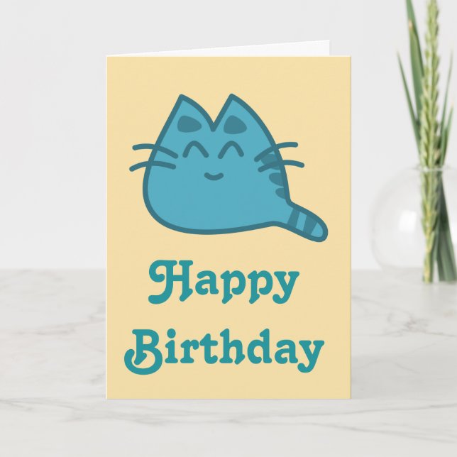 Cartão Feliz Aniversário Azul Gato Gatinho Sorridente (Frente)
