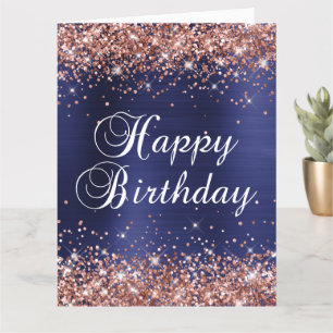 Cartão Feliz Aniversário Azul Naval Brilho Dourado Grande