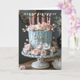 Cartão Feliz Aniversário Azul Velas de Bolo Flores da P