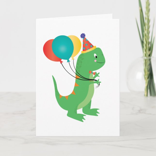Cartão Feliz aniversário Balões de Dinossauro (Frente)