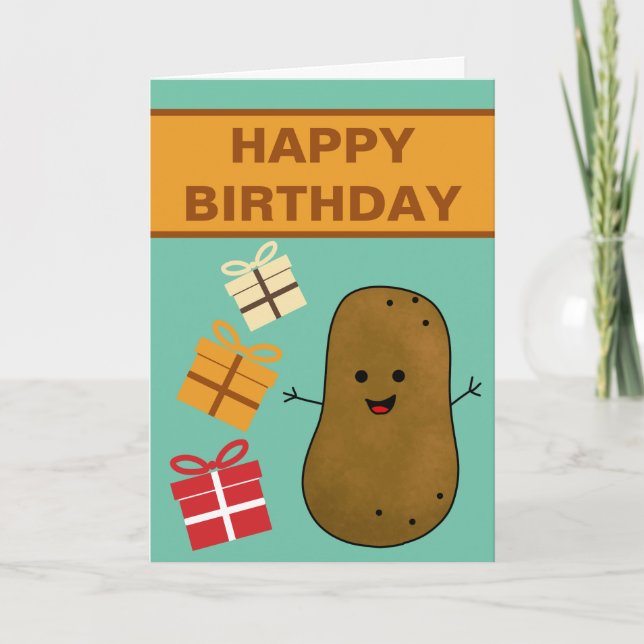 Cartão Feliz Aniversário Batata Com Presentes  (Frente)