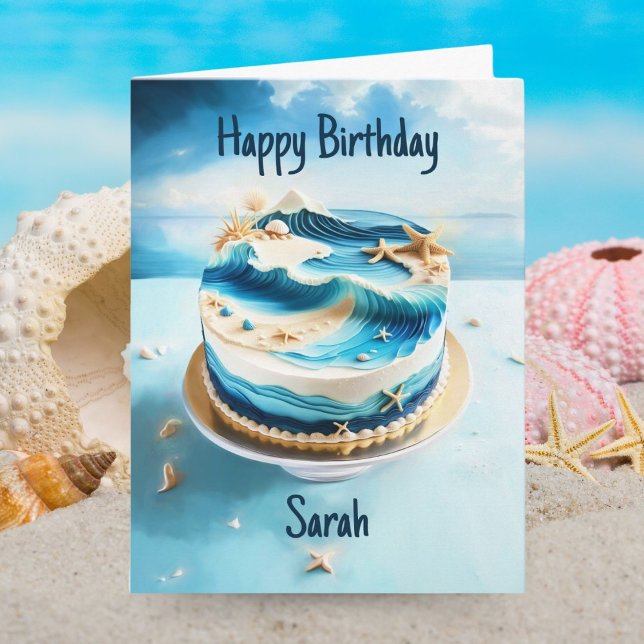 Cartão Feliz Aniversário Bela Bolo de Aniversário da Prai (Ocean Bliss: Celebrate with Stunning Beach-Themed Birthday Cake Card.)