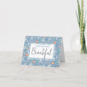 Cartão Feliz Aniversário Bela Saudação Floral Azul