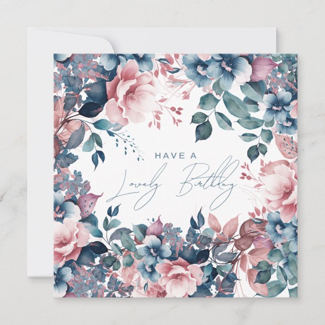 Cartão Feliz aniversário Bohemian Blue Garden Floral (Frente)