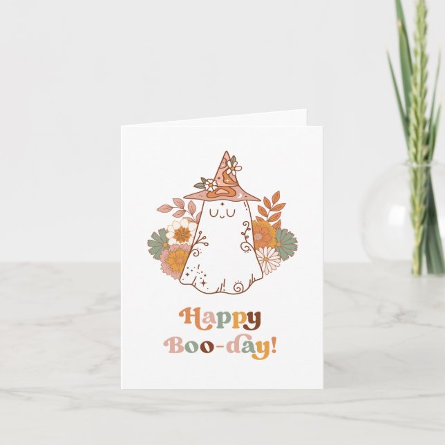 Cartão Feliz Aniversário Boho Halloween Ghost Greice Card (Frente)