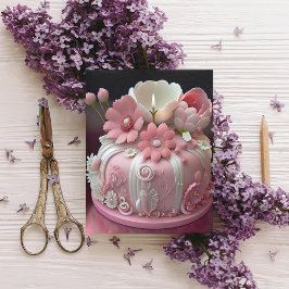 Cartão Feliz Aniversário Bolo Elegante Rosa Branco