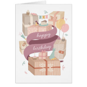 Cartão Feliz aniversário. Bolos e presentes de festas bon