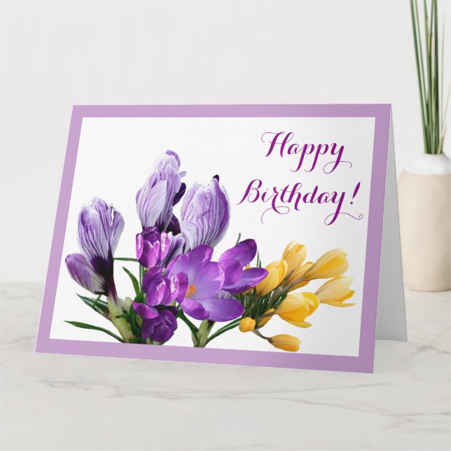 Cartão Feliz aniversário, bonito croco amarelo roxo flora (Frente)