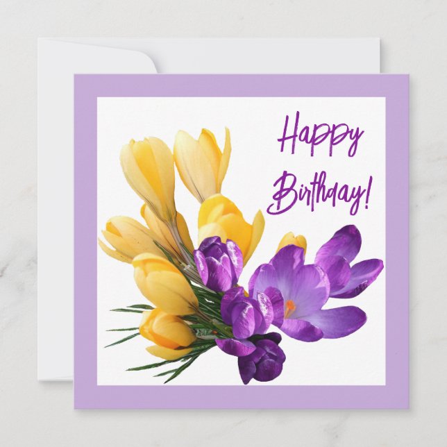 Cartão Feliz aniversário, bonito croco amarelo roxo flora (Frente)