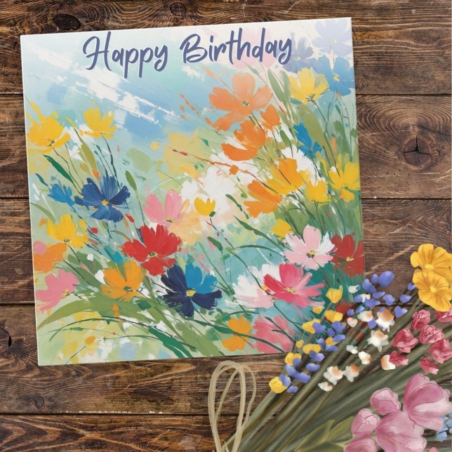 Cartão Feliz Aniversário Bonito Floral das Flores (A birthday card with a picture of flowers in a watercolour style)