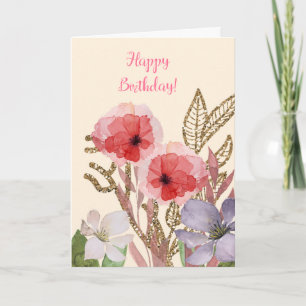 Cartão Feliz Aniversário, Bonito Flores de Aquarela Rosa-