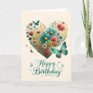 Cartão Feliz Aniversário Borboleta Flor Silvestre Coração