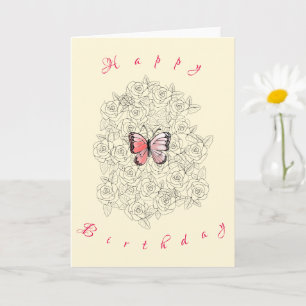 Cartão Feliz Aniversário - Borboleta Rosa E Arte Rosa -