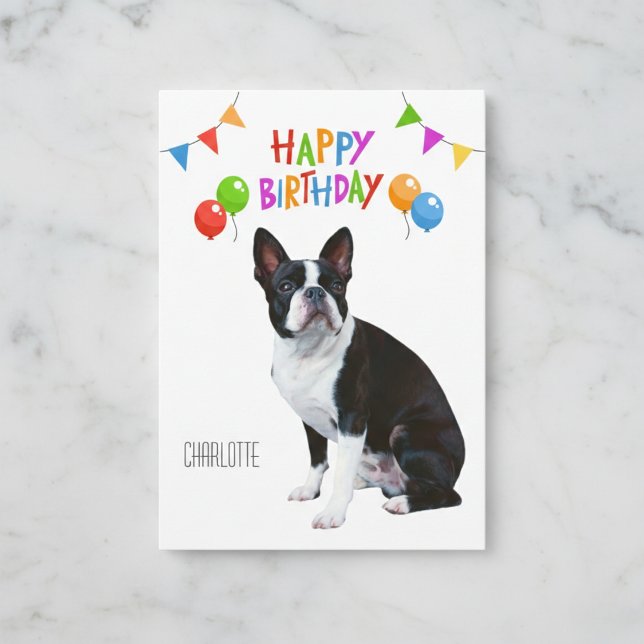 Cartão Feliz Aniversário, Boston Terrier Balões e Banner (The perfect card for every Boston Terrier fan.)