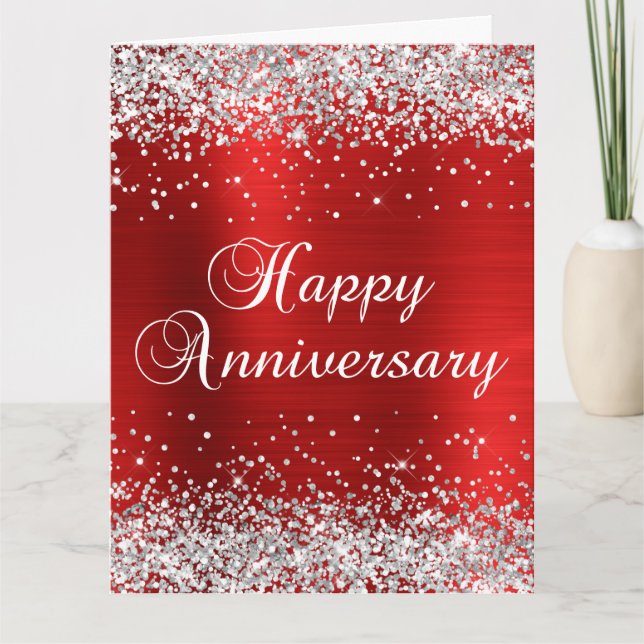 Cartão Feliz Aniversário Brilho Prata Vermelho (Frente)