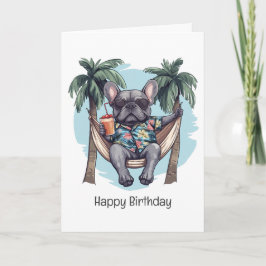 Cartão Feliz Aniversário Bulldog Francês em Top Havaiano