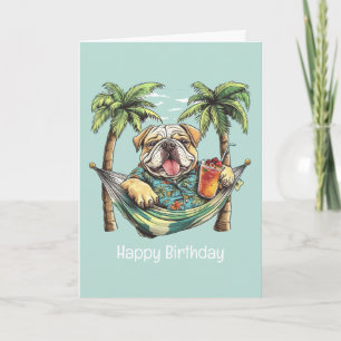 Cartão Feliz Aniversário Bulldog Inglês em Topo Havaiano