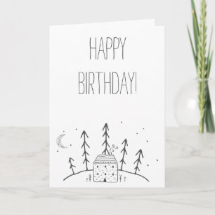 Cartão Feliz Aniversário Cabana Lua Floresta Floresta