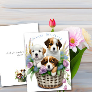 Cartão Feliz Aniversário Cachorrinhos Fofos em Cesta de F