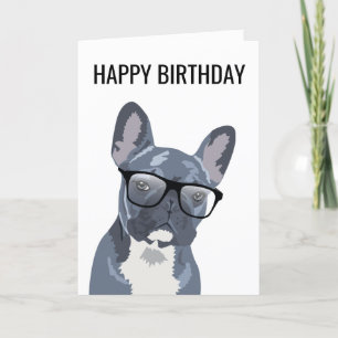 Cartão Feliz Aniversário Cachorro   Azul/Cinza Buldogue F