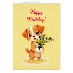 Cartão Feliz Aniversário Cachorro e Flores