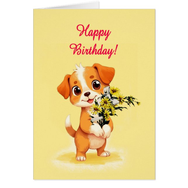 Cartão Feliz Aniversário Cachorro e Flores (Frente)
