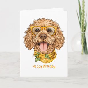 Cartão Feliz Aniversário Cachorro Goldendoodle Óculos de