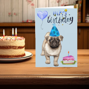 Cartão Feliz Aniversário Cachorro Pug Filhote Aquarela
