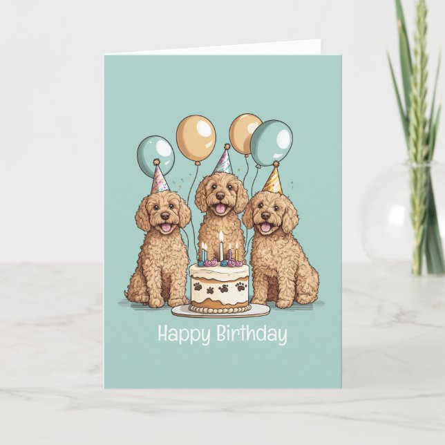 Cartão Feliz Aniversário Cachorros de Goldendoodle (Frente)