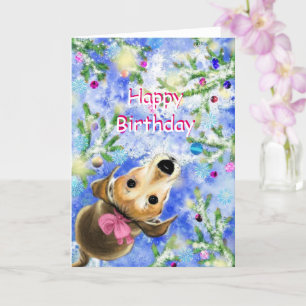 Cartão Feliz Aniversário - Cãozinho Com Fita Rosa