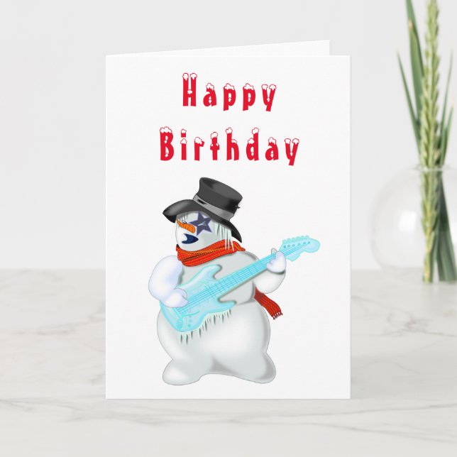 Cartão Feliz Aniversário Card Snowman Rock Guitar Music (Frente)