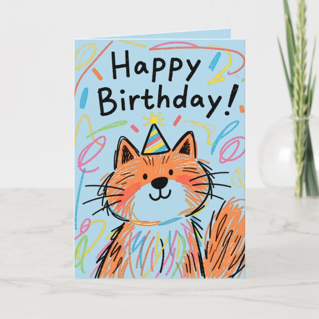 Cartão Feliz Aniversário Carta do Gato Rabisco Azul (Frente)