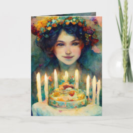 Cartão Feliz aniversário! Carteira com garota e belo bolo