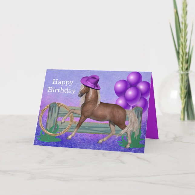 Cartão Feliz Aniversário Cavalo Com Chapéu Roxo e Balões (Frente)