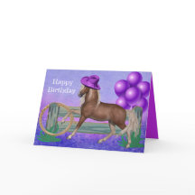 Feliz Aniversário Cavalo Com Chapéu Roxo e Balões