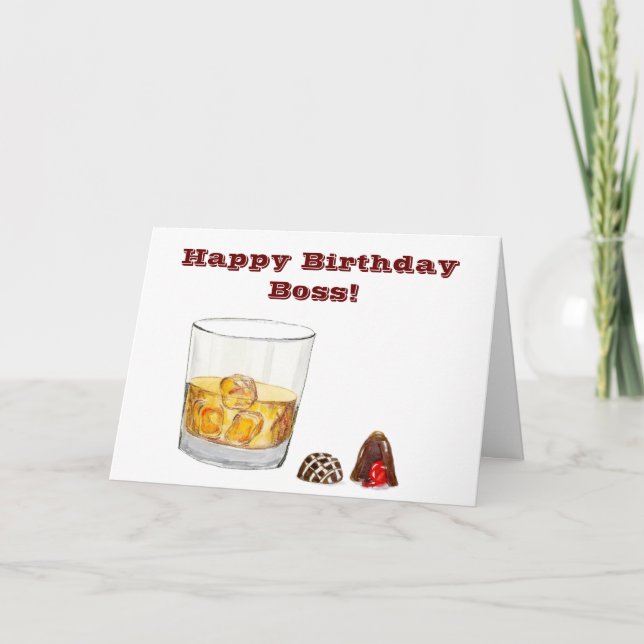 Cartão Feliz Aniversário Chefe Com Whisky E Chocolate (Frente)