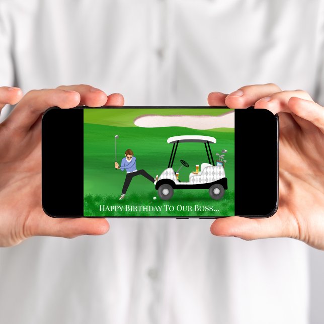 Cartão Feliz Aniversário Chefe - Golfer Em Situação Engra (Navigate a hilarious golfing mishap with this 'fairway' out birthday instant card!)